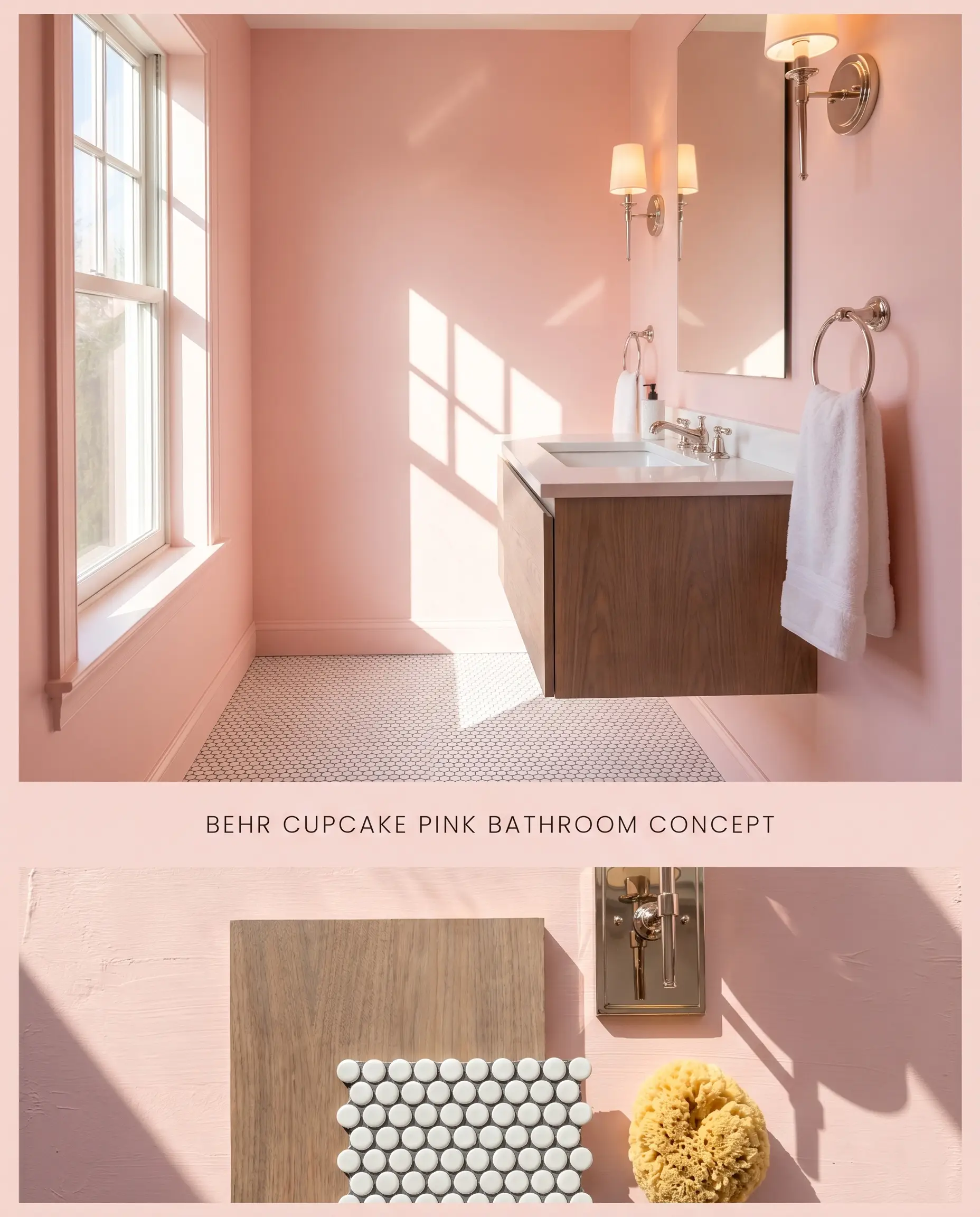A digital visualization board for a powder room presenting Behr Cupcake Pink walls, situated over a tactile flat-lay of bleached walnut, matte white penny tile, and a natural sea sponge.