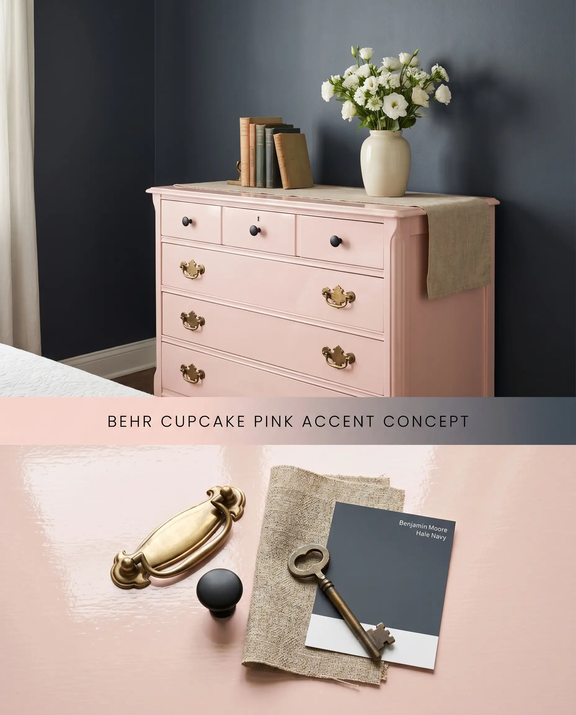 A composite digital conceptual board for a bedroom featuring a vintage accent dresser painted in Behr Cupcake Pink against charcoal-navy walls, above a flat-lay of brass and iron hardware.