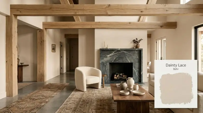 Rough-hewn white oak ceiling beams and a dramatically veined soapstone fireplace surround anchor a luminous living space painted in Behr Dainty Lace (Hex #decfbb).