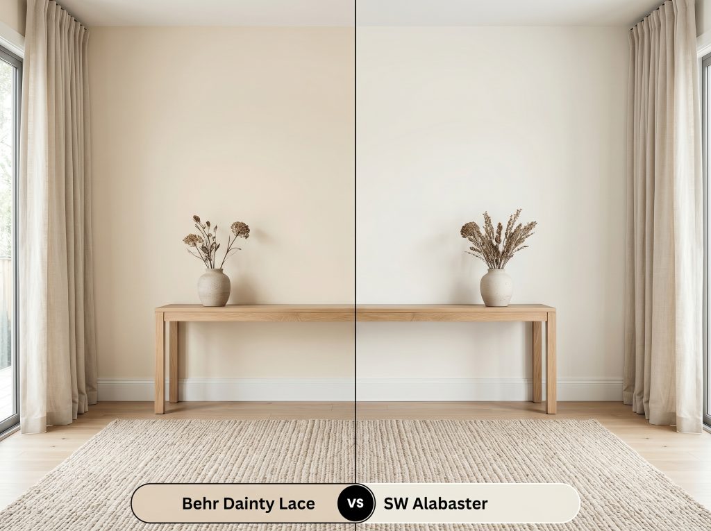 A side-by-side split-screen comparison of Behr Dainty Lace on the left and Sherwin-Williams Alabaster on the right, shown in a living room featuring a natural wood console.