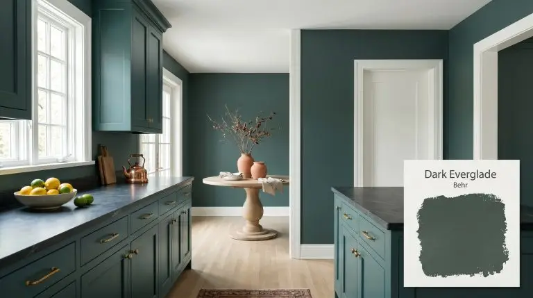 An open-concept kitchen and dining space features cabinetry and walls painted in Behr Dark Everglade (Hex #3e554f), contrasted by honed soapstone counters, a white oak pedestal table, and unlacquered brass hardware.