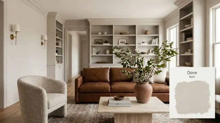 A tailored living room painted in Behr Dove (Hex #d9d4cb) features a saddle leather sofa, rift-sawn oak flooring, and a travertine coffee table.