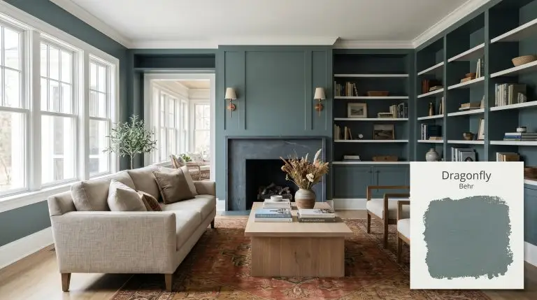 A neutral linen sofa and brushed copper sconces face a honed soapstone fireplace framed by built-in bookshelves painted in Behr Dragonfly (Hex #72908d).