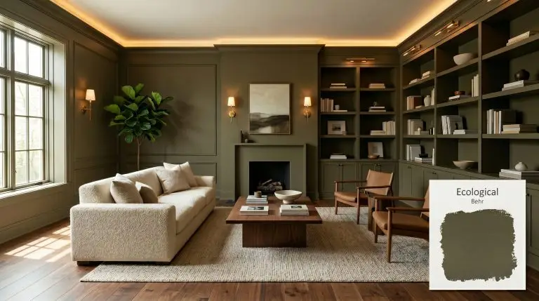 Custom built-in bookcases and walls painted in Behr Ecological (Hex #808367) frame a creamy bouclé sofa and rich walnut flooring.