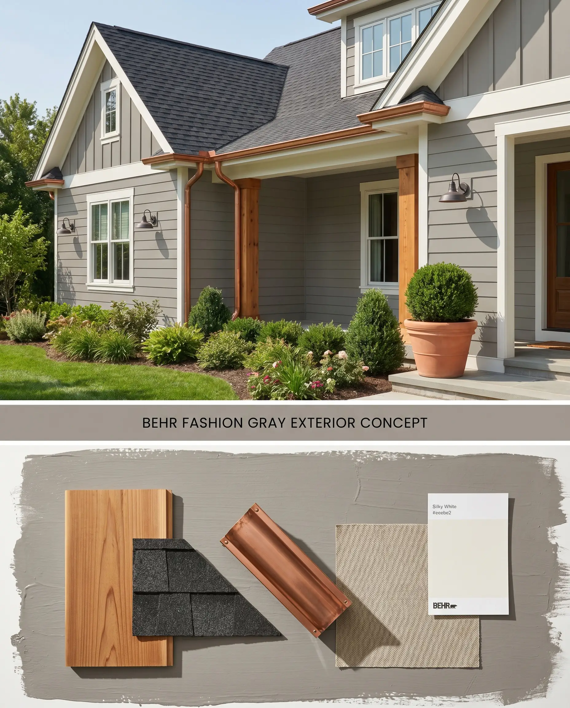A split digital conceptual board for a home exterior showing Behr Fashion Gray siding on top, and a textured flat-lay with cedar and copper below.