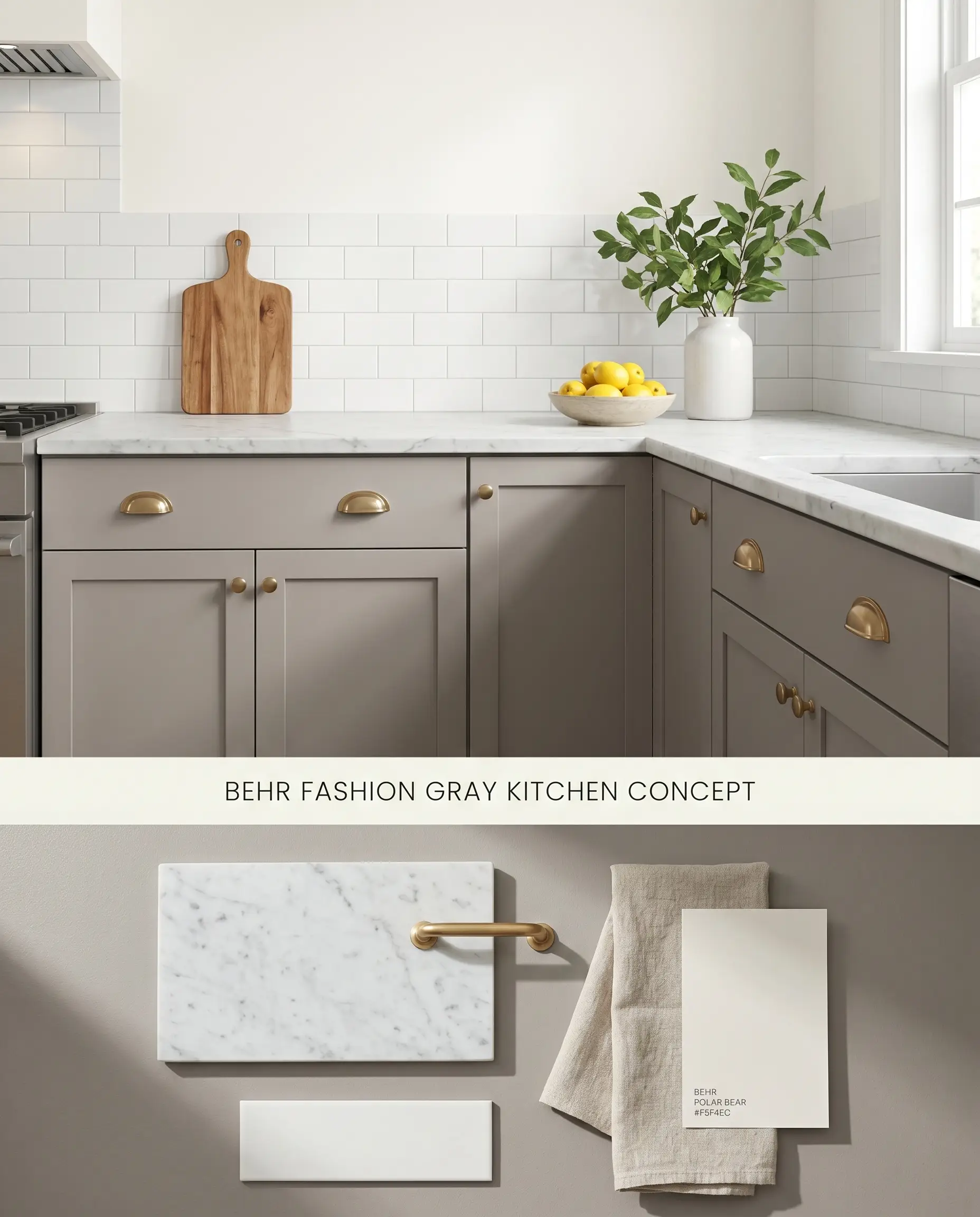 A split digital conceptual board for a kitchen showcasing Behr Fashion Gray lower cabinets on top, alongside a textured flat-lay with marble and brass.