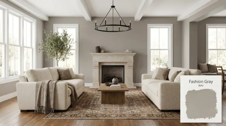 A transitional living room painted in Behr Fashion Gray (Hex #a29c94), featuring South-facing windows, a limestone fireplace, and a nubby linen sofa.
