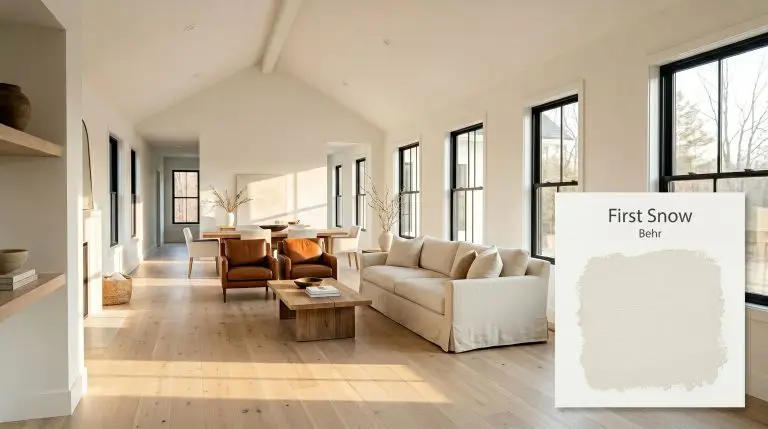 An open-concept living and dining space painted in Behr First Snow (Hex #eceae2) features wide-plank bleached oak flooring, a washed linen sofa, and saddle leather accent chairs.