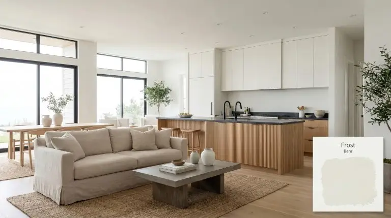 A stunning modern open-plan coastal living and dining space painted in Behr Frost (Hex #eff0ec) features a fluted oak kitchen island and a washed linen slipcovered sofa.