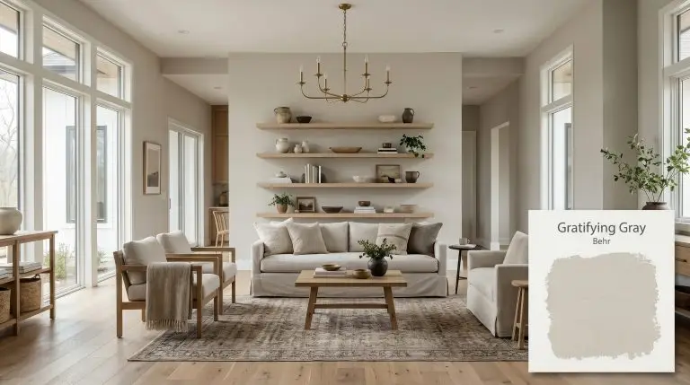 A washed canvas slipcovered sofa and bleached oak floating shelves define this organic modern living room painted in Behr Gratifying Gray (Hex #cbc9c0).