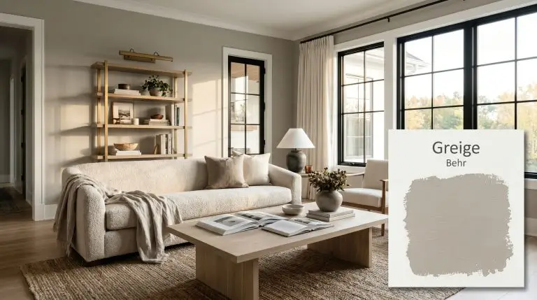 A transitional living room painted in Behr Greige (Hex #b7b4ac) features a plush bouclé sofa, bleached oak coffee table, and unlacquered brass accents.