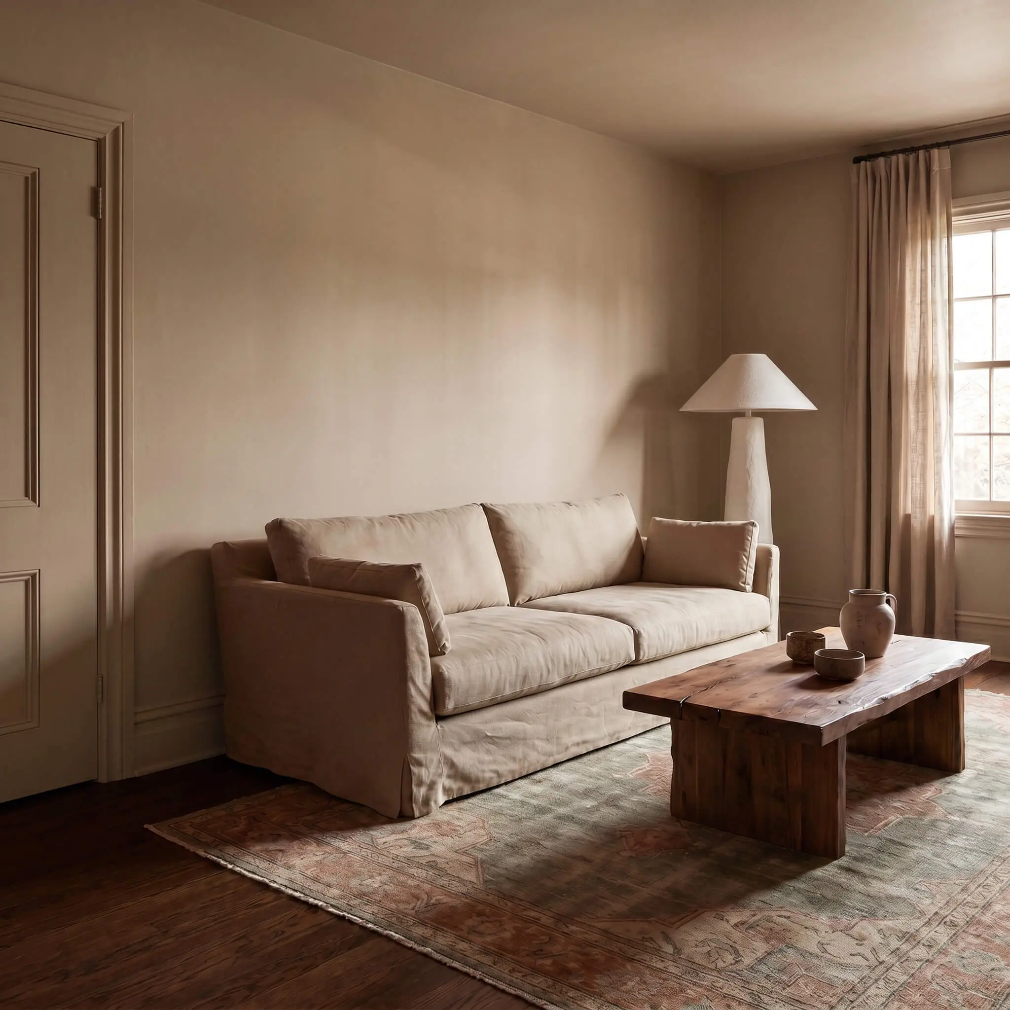 A completely color-drenched living room surrounds a heavy canvas sofa, brutalist walnut coffee table, and sculptural plaster floor lamp with warm beige cast walls.