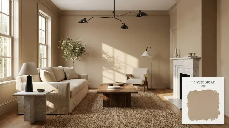 A heavy canvas slipcovered sofa and brutalist walnut coffee table anchor a spacious living room painted in Behr Harvest Brown (Hex #b9a589).