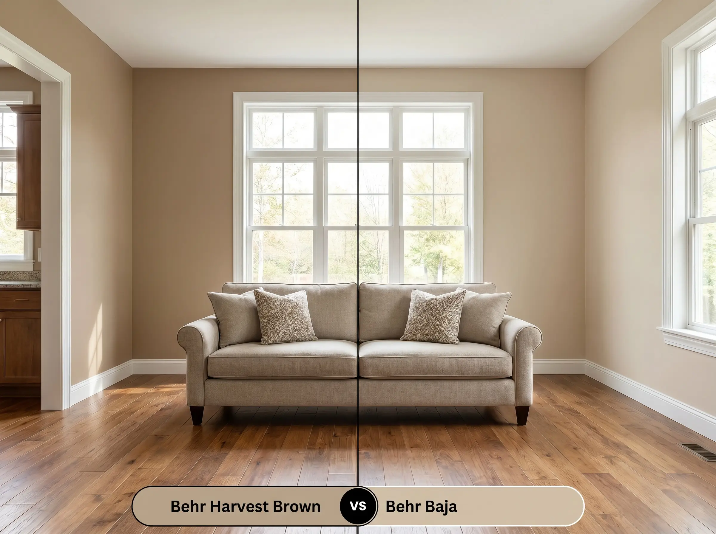 A side-by-side split-screen comparison of Behr Harvest Brown on the left and Behr Baja on the right, shown in a living room with continuous hardwood floors.