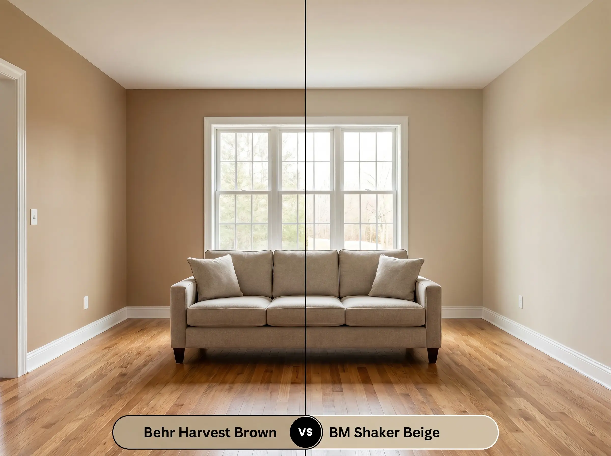 A side-by-side split-screen comparison of Behr Harvest Brown on the left and Benjamin Moore Shaker Beige on the right, shown in a living room with continuous hardwood floors.