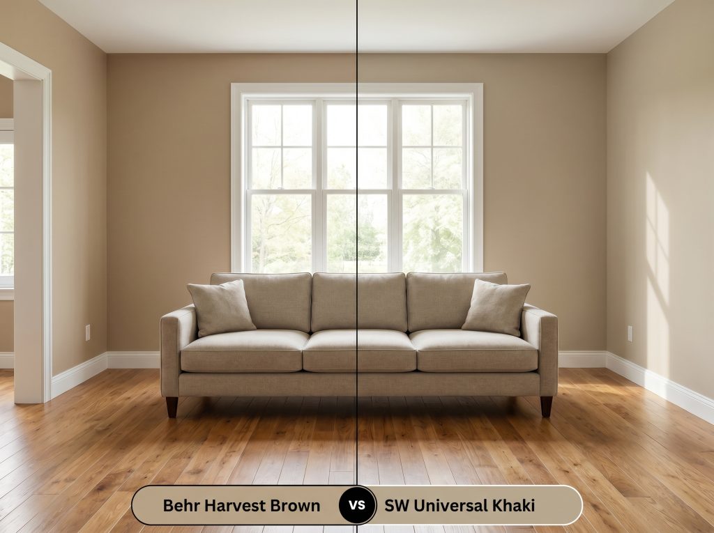 A side-by-side split-screen comparison of Behr Harvest Brown on the left and Sherwin-Williams Universal Khaki on the right, shown in a living room with warm oak floors.