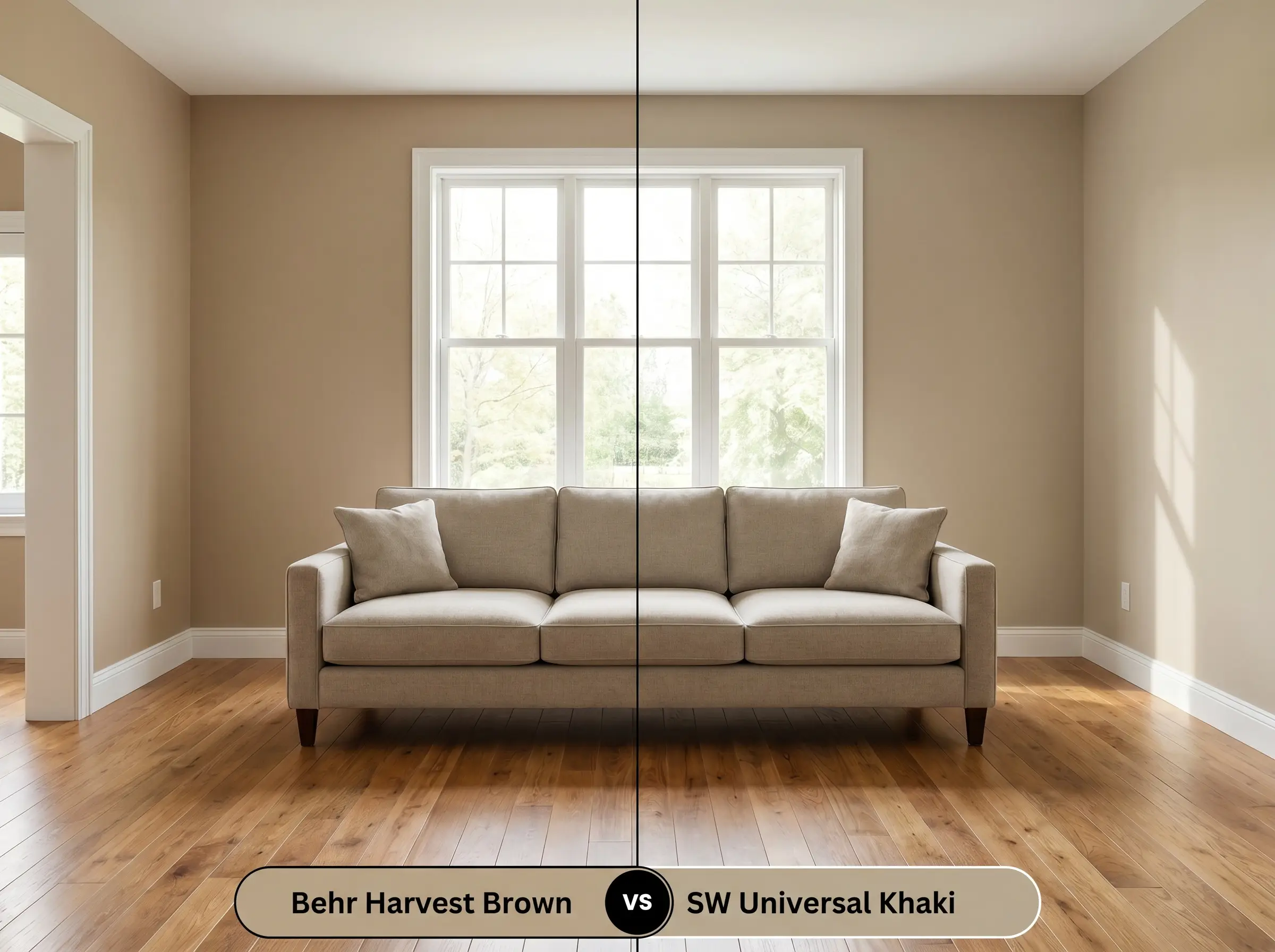 A side-by-side split-screen comparison of Behr Harvest Brown on the left and Sherwin-Williams Universal Khaki on the right, shown in a living room with warm oak floors.