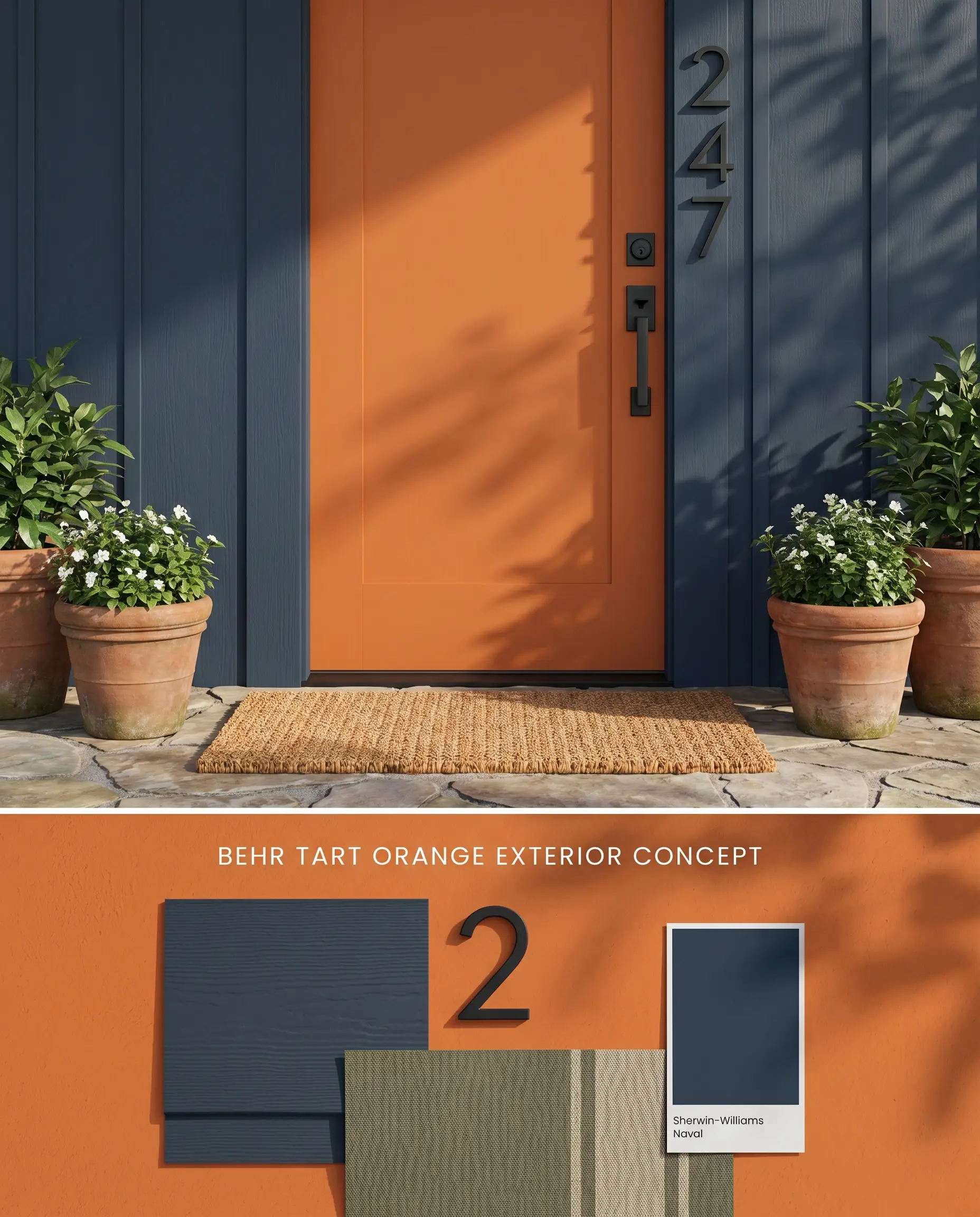 A split digital conceptual board for an exterior entrance, showing a high-chroma orange front door alongside deep navy siding above a textured physical materials flat-lay.