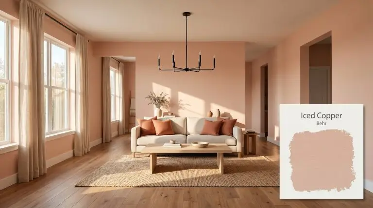 An open-concept living room features walls painted in Behr Iced Copper (Hex #d0ae9a), a light white oak coffee table, and unbleached washed linen drapery.