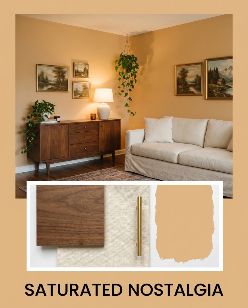 A mid-century walnut credenza and cream linen sofa anchor a living room concept board featuring a materials flat-lay of warm golden yellow textiles.