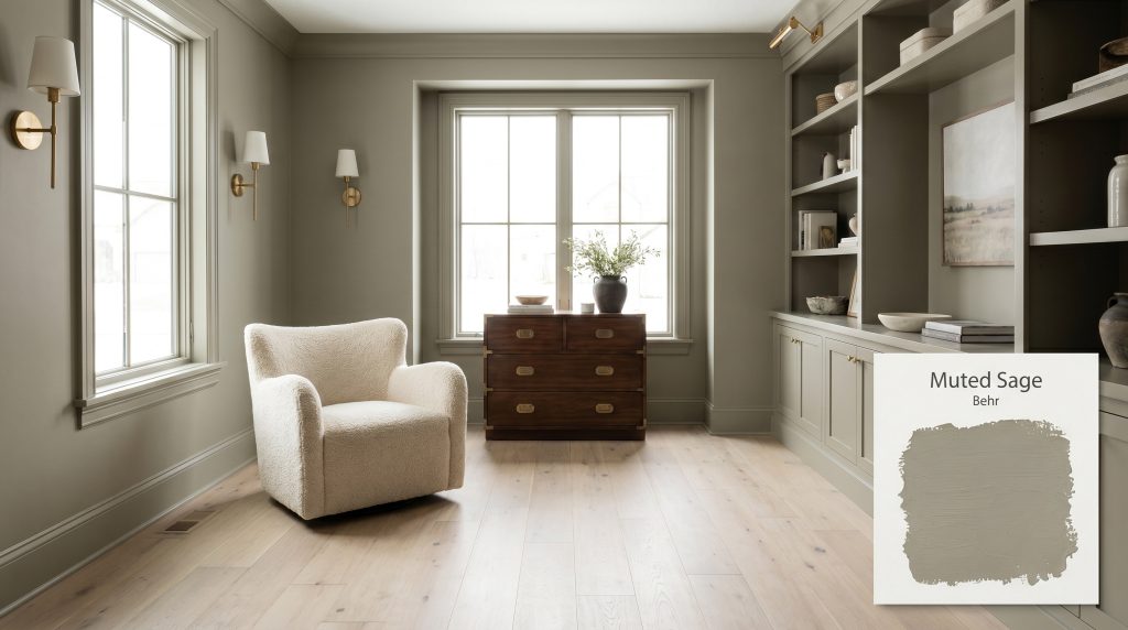 A transitional living room features built-in shelving and walls fully color-drenched in Behr Muted Sage (Hex #93907e), complementing a plush boucle armchair and bleached oak flooring.