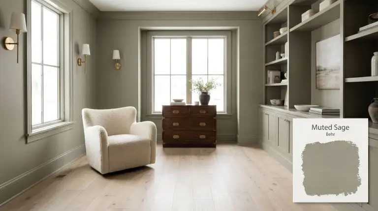 A transitional living room features built-in shelving and walls fully color-drenched in Behr Muted Sage (Hex #93907e), complementing a plush boucle armchair and bleached oak flooring.