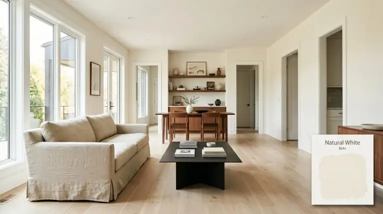 A slipcovered washed linen sofa and matte black steel coffee table sit in a sunlit open-concept living area painted in Behr Natural White (Hex #f7f4e8).