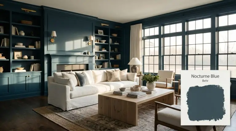 Extensive built-in bookshelves and walls painted in Behr Nocturne Blue (Hex #344d58) surround a crisp white linen sofa and bleached oak coffee table.