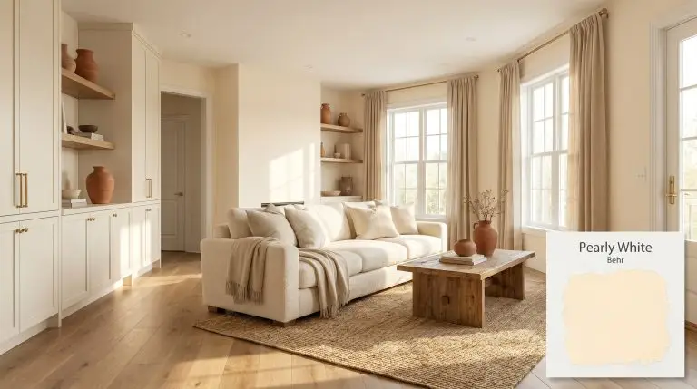 An expansive open-concept living room painted in Behr Pearly White (Hex #FEEFD3), featuring European white oak flooring, a boucle sofa, and terracotta vases.