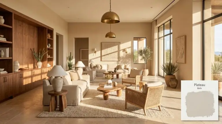 A wide architectural view of a desert contemporary living room painted in Behr Plateau (Hex #d5c4af), featuring travertine flooring, walnut millwork, and brass fixtures.