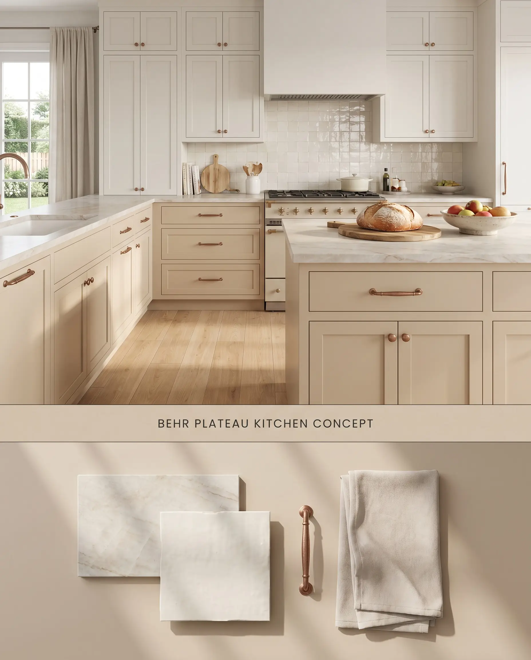 A split-screen concept board for an earthy kitchen featuring Behr Plateau lower cabinetry on top, and physical materials like quartzite and zellige tile below.