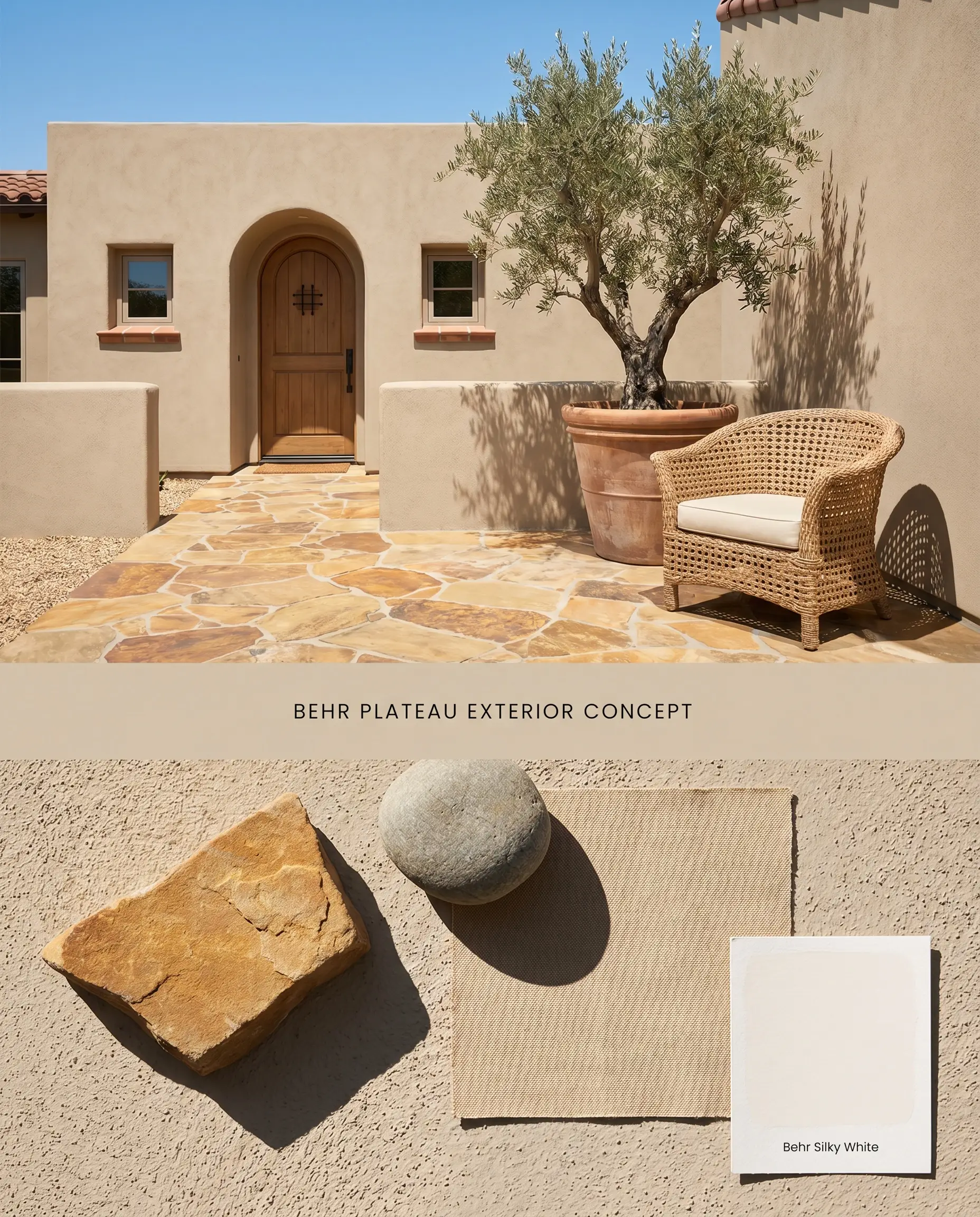 A composite visualization board for a Mediterranean exterior showing a warm yellow base stucco facade above, and textured flagstone materials on the bottom.