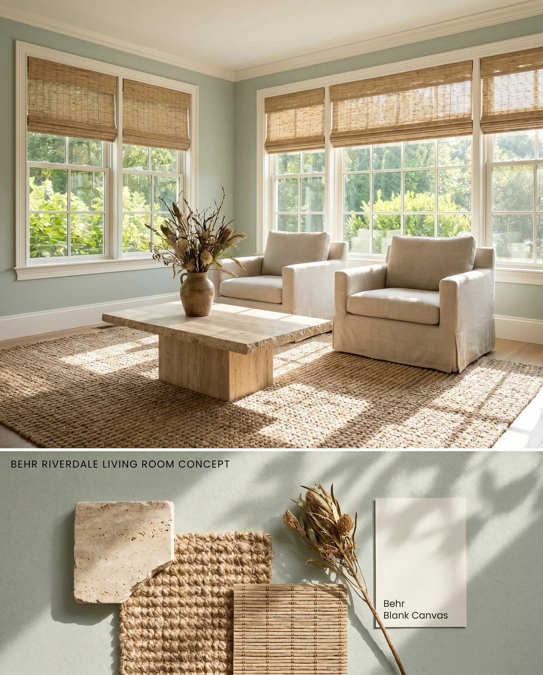 A split digital conceptual board for a coastal farmhouse living room featuring a silver-undertone sage hue above, contrasted with raw travertine and chunky jute rug textures below.
