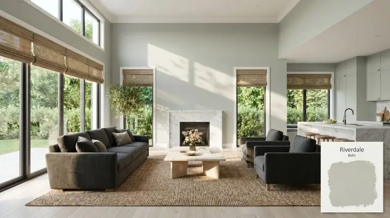 An open-concept living space painted in Behr Riverdale (Hex #bec5ba), featuring high ceilings, south-facing windows, a raw travertine coffee table, and pale ash wood flooring.