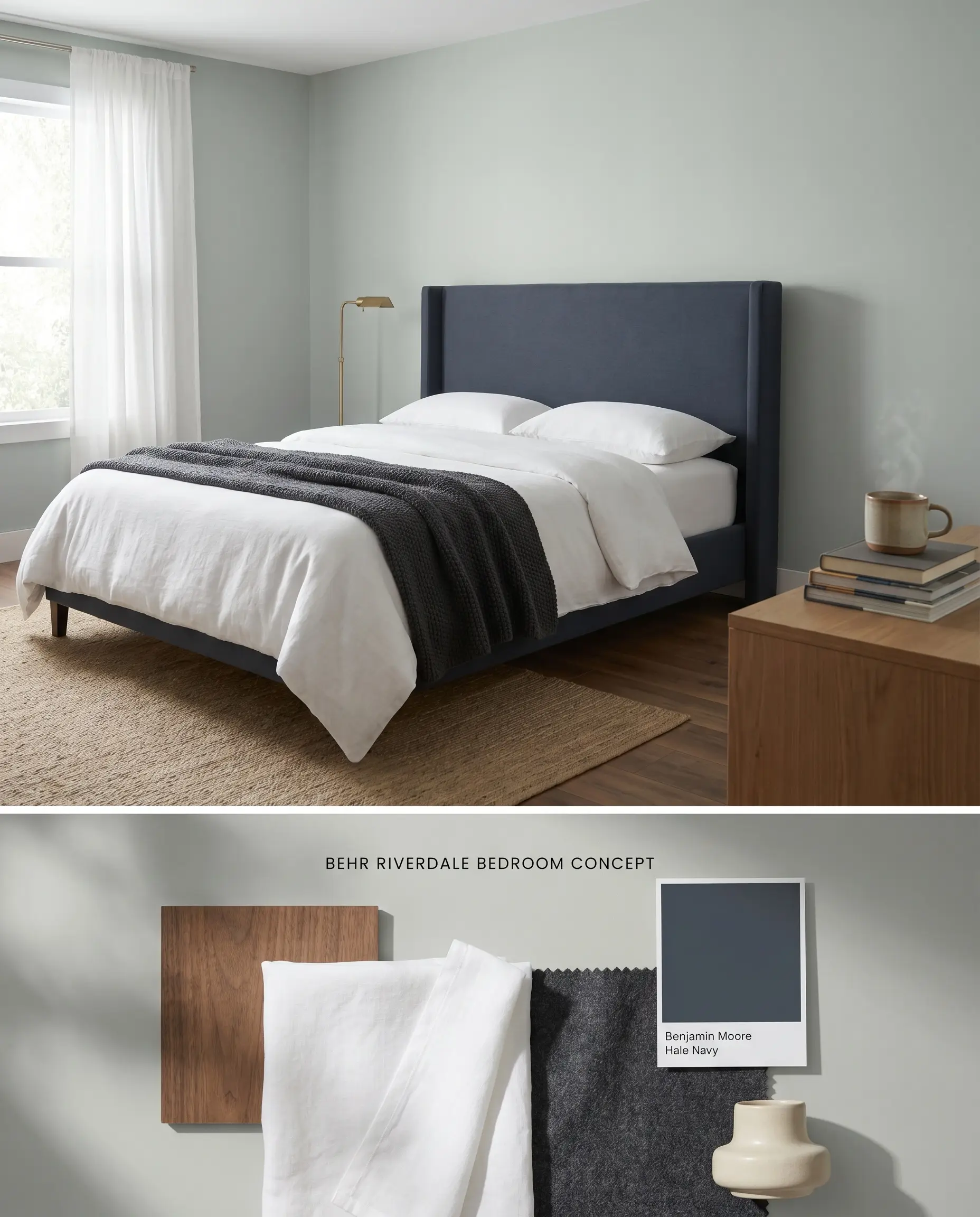 A split digital conceptual board for a tranquil primary bedroom painted in Behr Riverdale, displaying the space above and physical medium walnut hardwood and white linen below.