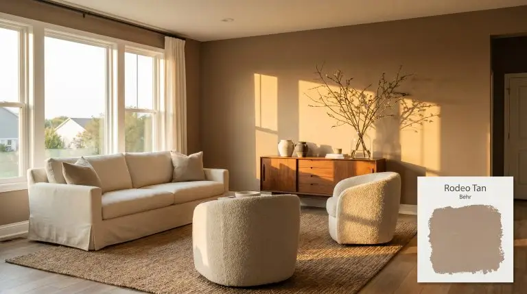 A transitional living room painted in Behr Rodeo Tan (Hex #a78b74) features a creamy slipcovered sofa, boucle barrel chairs, and a walnut credenza.