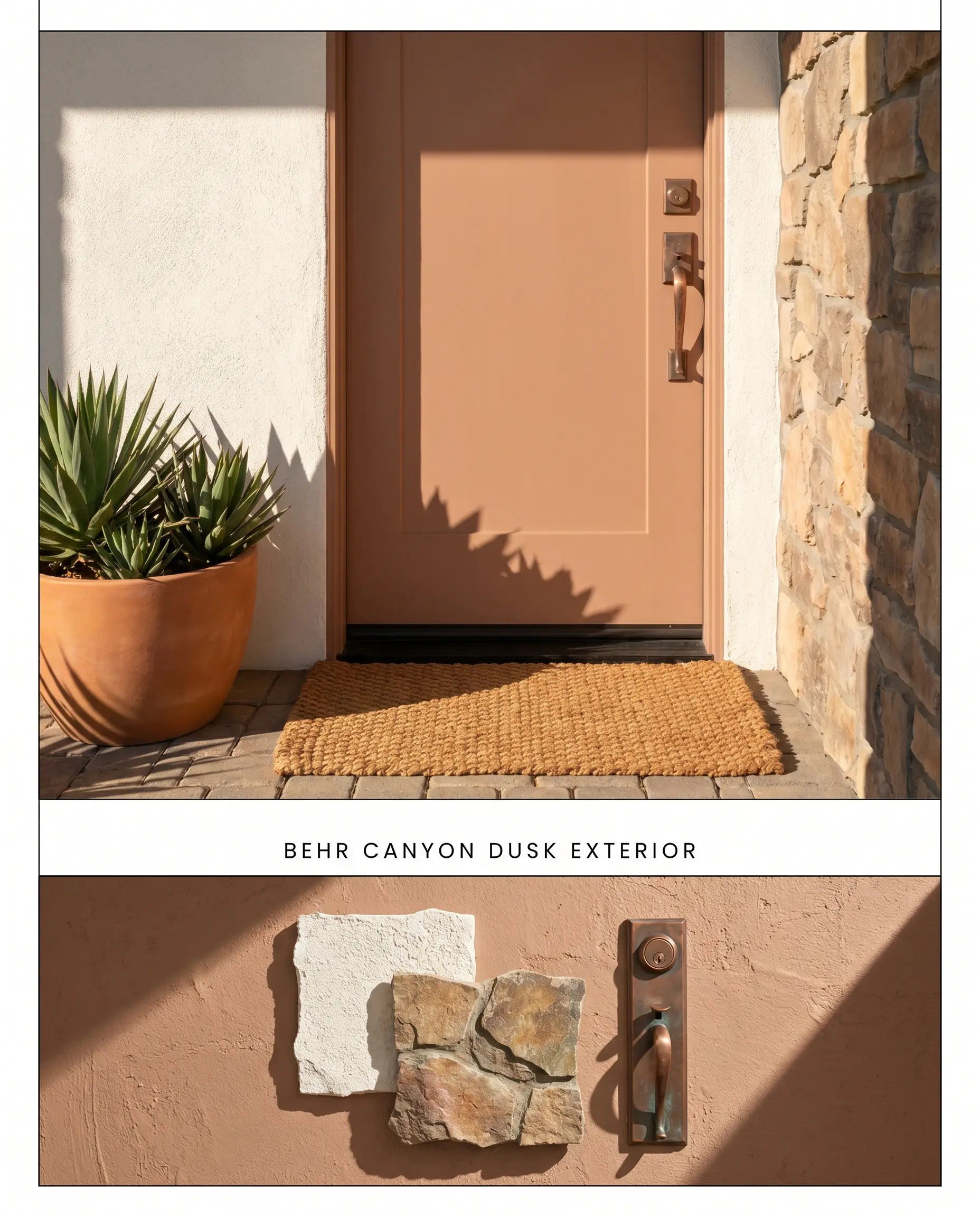 A split digital conceptual board displaying a burnt orange hue on an exterior front door, positioned above a tactile flat-lay of warm white stucco and aged copper hardware.