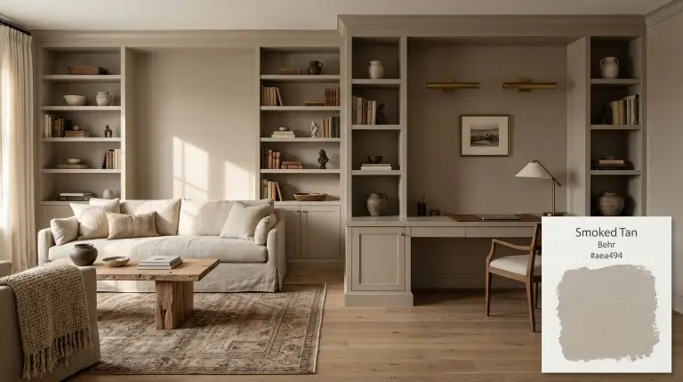A stunning transitional living room features custom built-in bookcases painted in Behr Smoked Tan (Hex #aea494), alongside a stonewashed linen slipcovered sofa and unlacquered brass picture lights.