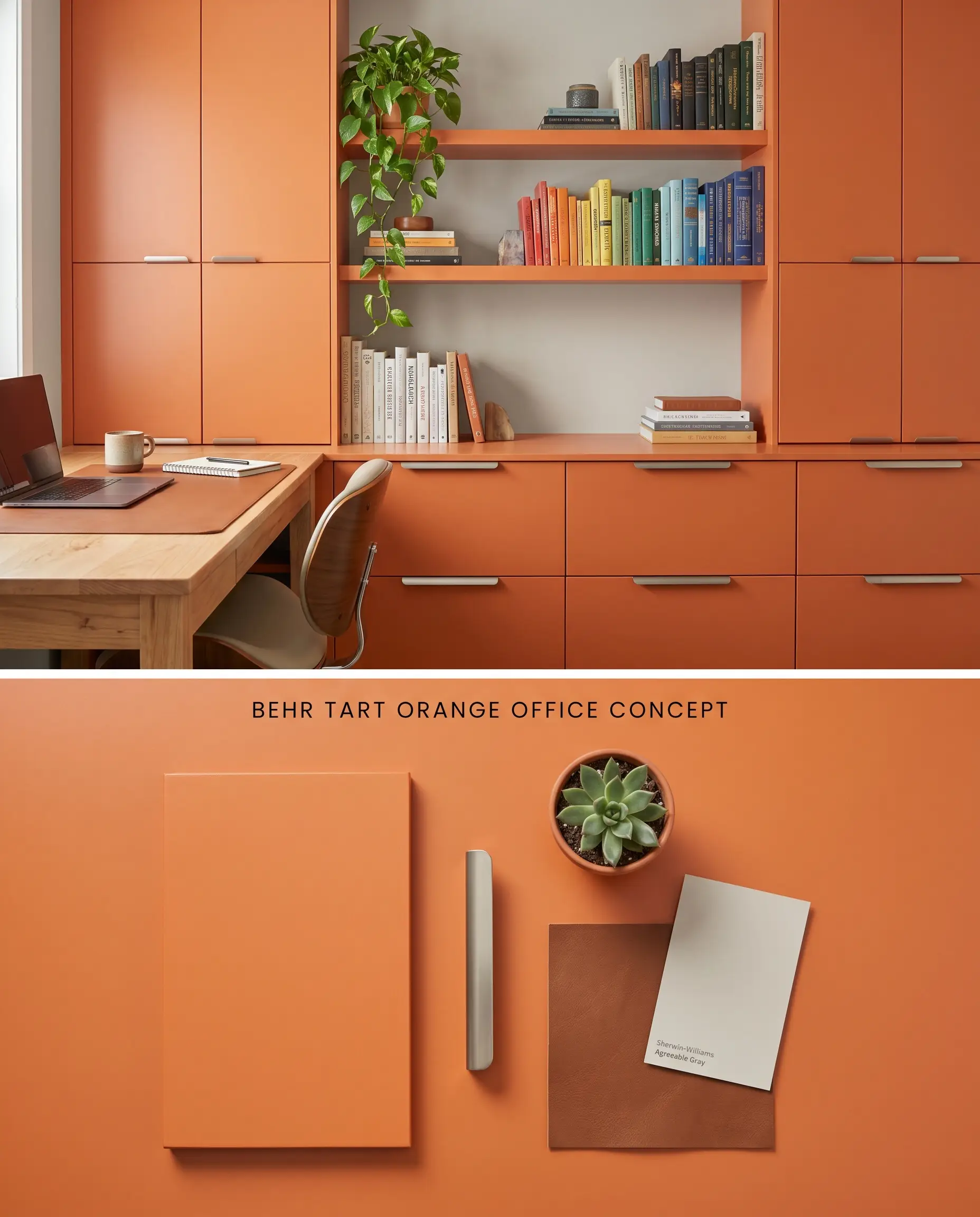 A split digital conceptual board for a creative workspace, displaying vibrant red-gold undertones on built-in cabinetry above a textured flat-lay of wood panels and brushed nickel hardware.