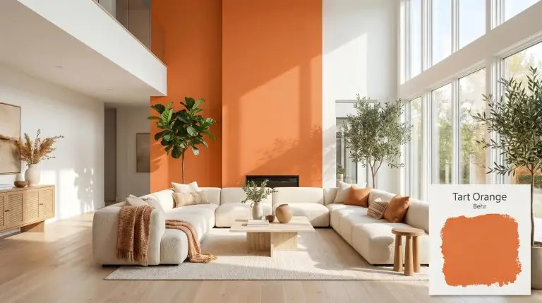 A photorealistic architectural view of a modern living room featuring a double-height accent wall painted in Behr Tart Orange (Hex #ea7739), complemented by bleached oak floors and a cream bouclé sofa.
