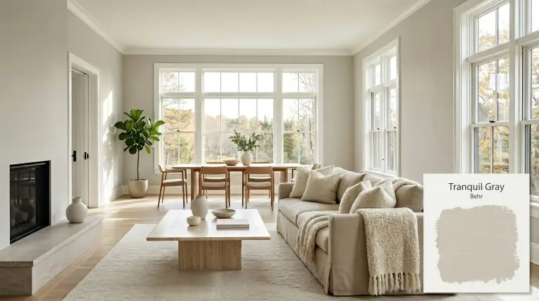 An expansive open-concept living space painted in Behr Tranquil Gray (Hex #d0cbc0) features a honed travertine coffee table and a slipcovered linen sofa.