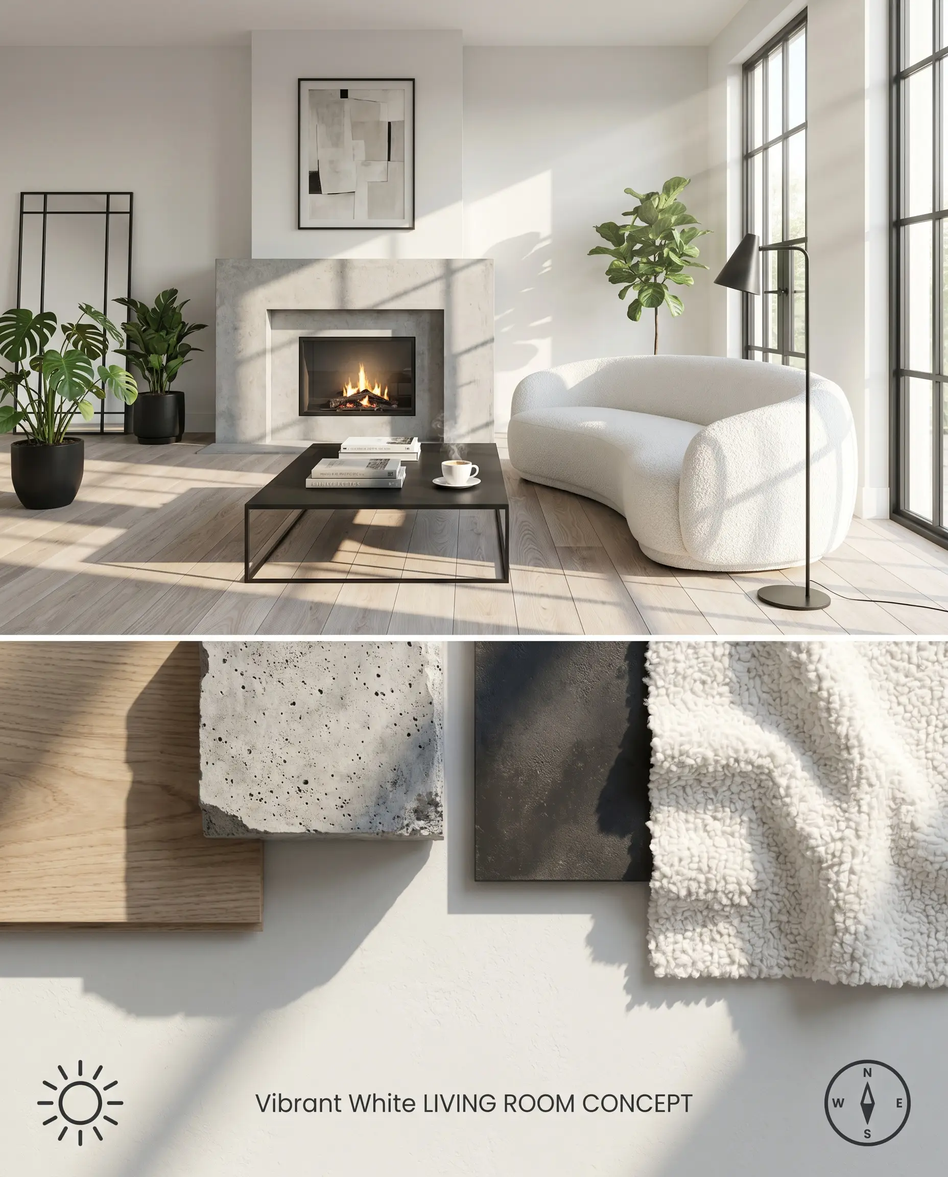 Structured as a split digital conceptual board, this image showcases Behr Vibrant White BWC-12 living room walls above a flat-lay of ash wood, cool concrete, and white bouclé.