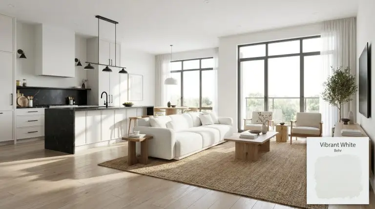 An elegant open-concept living space painted in Behr Vibrant White (Hex #eaedeb), featuring ash oak flooring, Nero Marquina marble, and a white bouclé sofa.