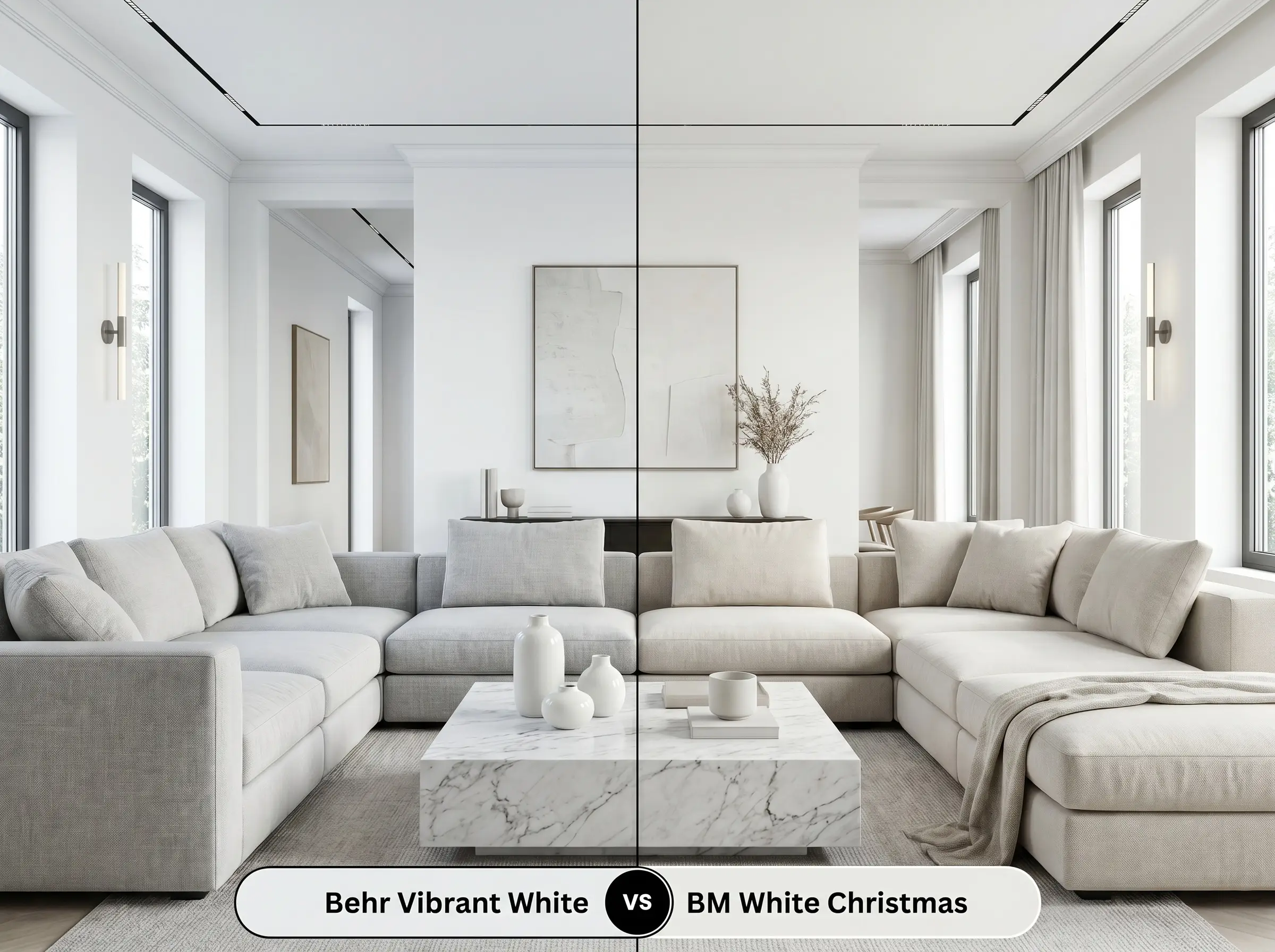 A split-screen comparison board for Behr Vibrant White (Hex #eaedeb) versus Benjamin Moore White Christmas (Hex #ecede8) in a sophisticated living room with clean architectural lines.