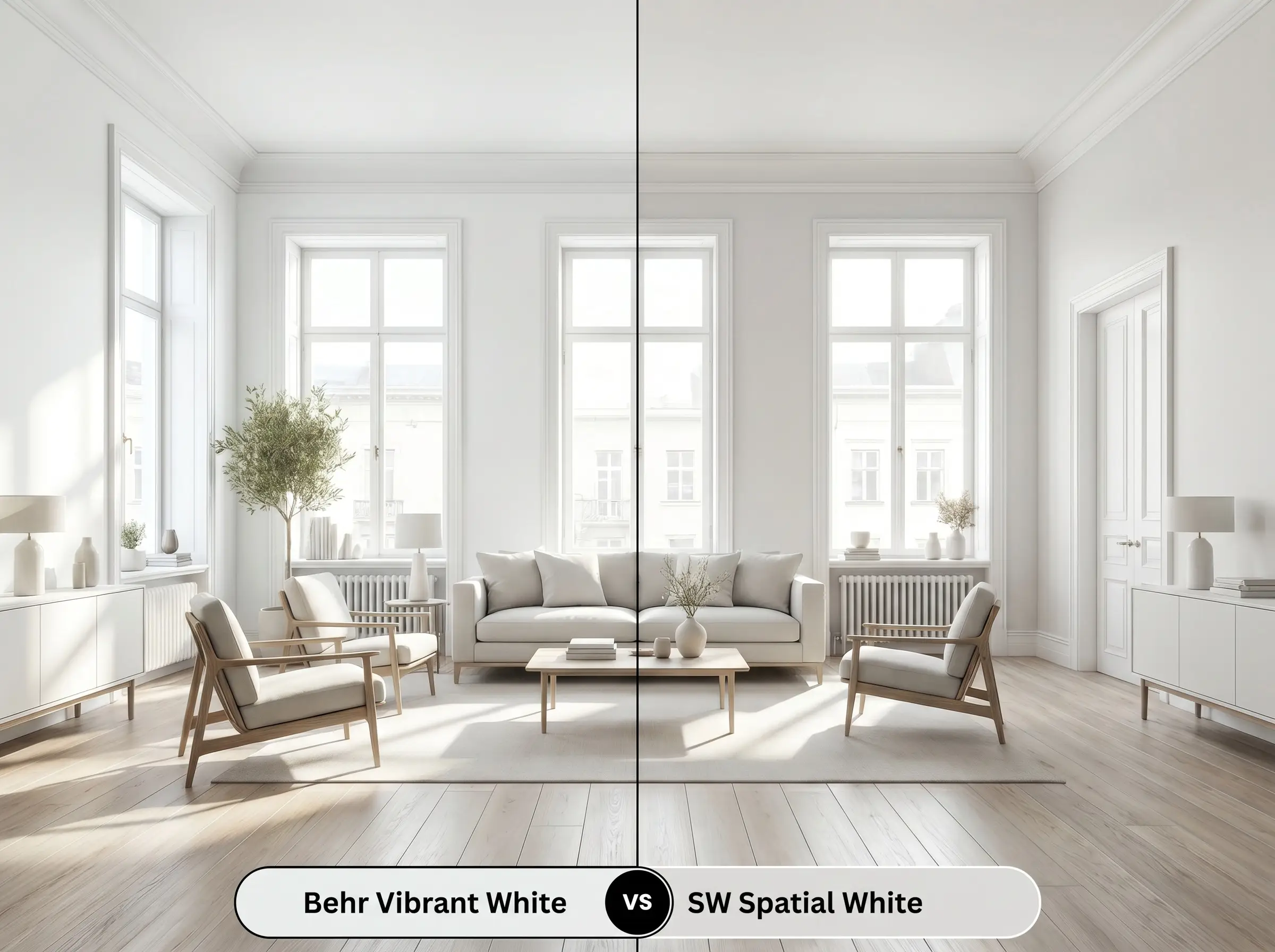 A split-screen comparison board for Behr Vibrant White (Hex #eaedeb) versus Sherwin-Williams Spatial White (Hex #dddcdb) in a sun-drenched living room with ash wood flooring.