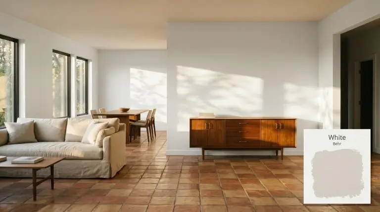 A slipcovered linen sofa and mid-century warm walnut sideboard sit against walls painted in Behr White 52 (Hex #ebebe6) atop terracotta floor tiles.