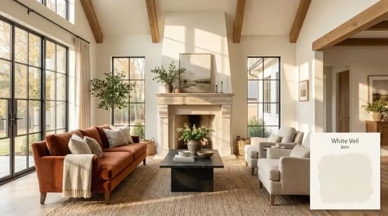 A photorealistic transitional living space featuring a rust velvet sofa and limestone fireplace, walls painted in Behr White Veil (Hex #f7f1e3).