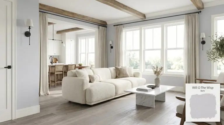 A photorealistic open-concept living room featuring walls painted in Behr Will O The Wisp (Hex #d7d8dd), a plush boucle sofa, and matte black accents.