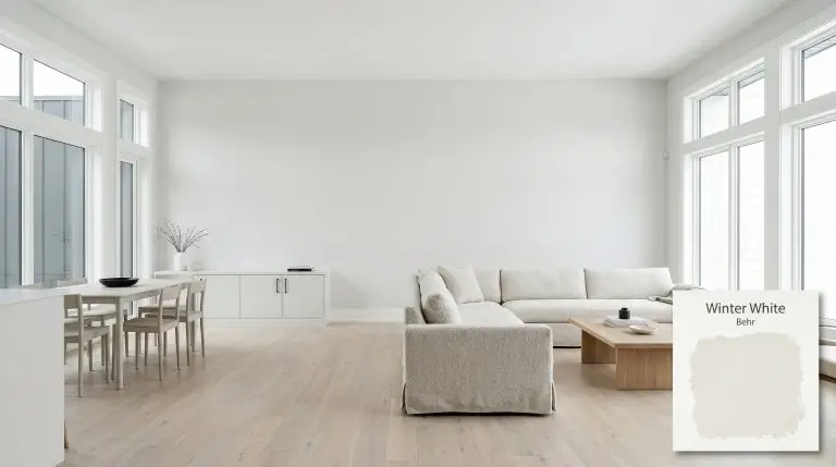 An expansive open-concept living space painted in Behr Winter White (Hex #eeefe8) features bleached oak flooring, a nubby bouclé slipcovered sofa, and a minimalist built-in console.