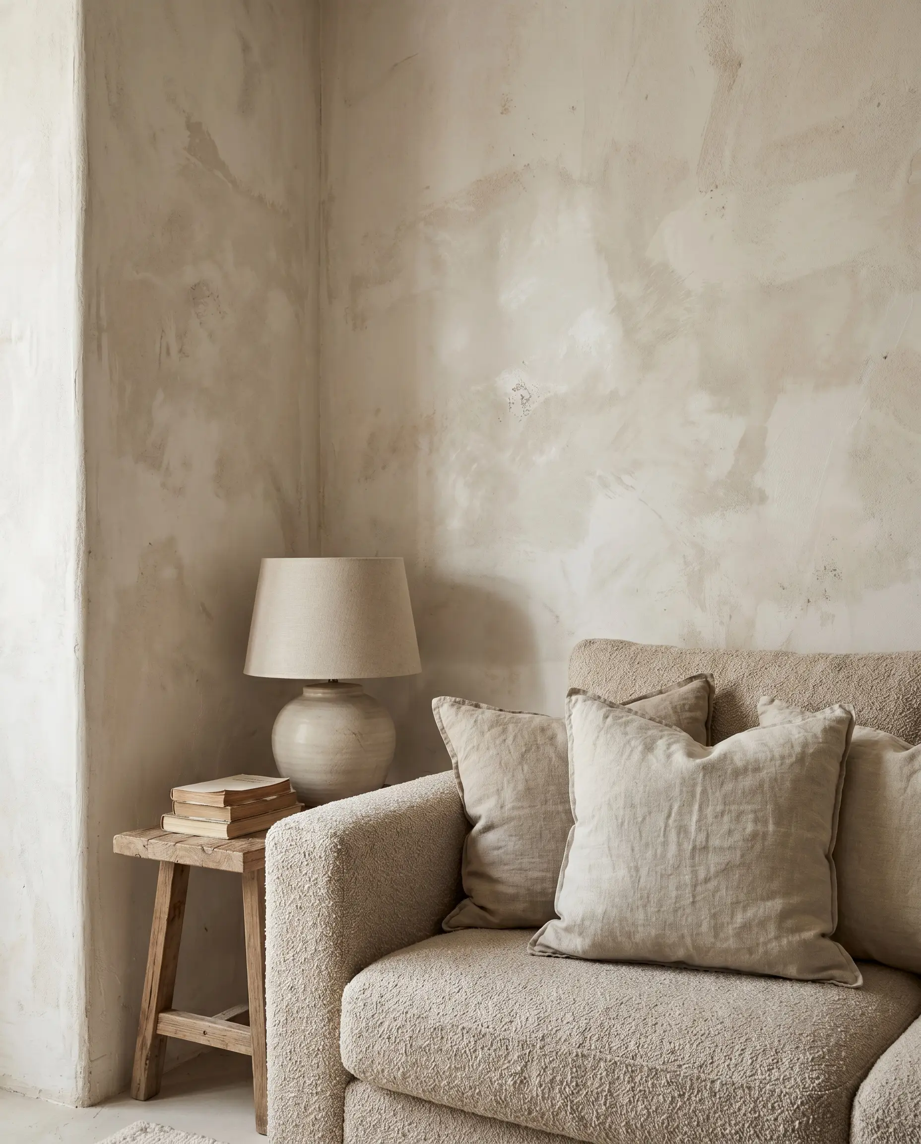 A nubby beige boucle sofa dressed with unbleached linen pillows rests beside a ceramic lamp against Portola Paints Casa Forma walls.